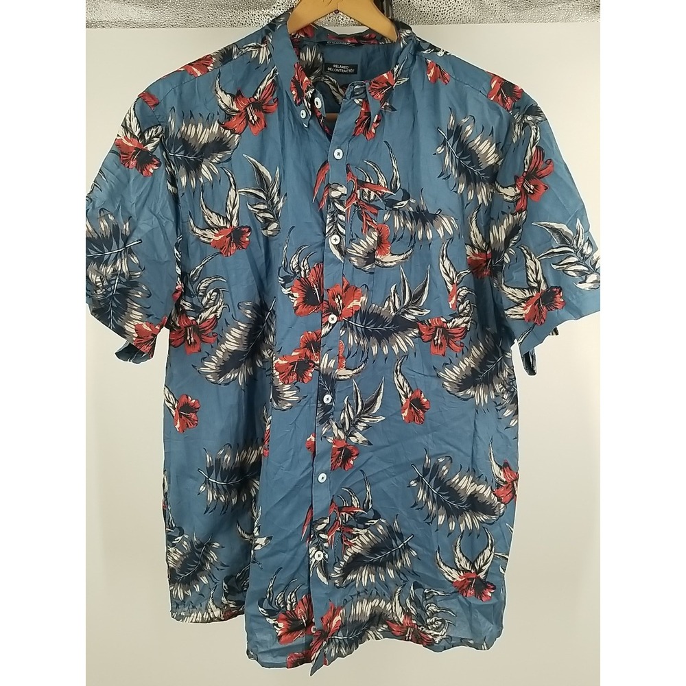 George Men's XL Hawaiian Button-Up Short Sleeve‎ Shirt Blue Floral